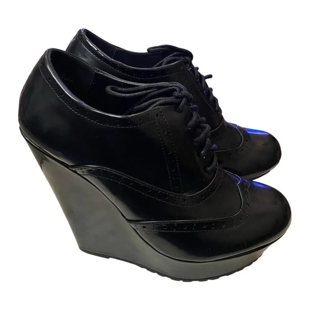 BAMBOO Booth Black Brogue Platform Wedge Oxfords 38.5  8.5